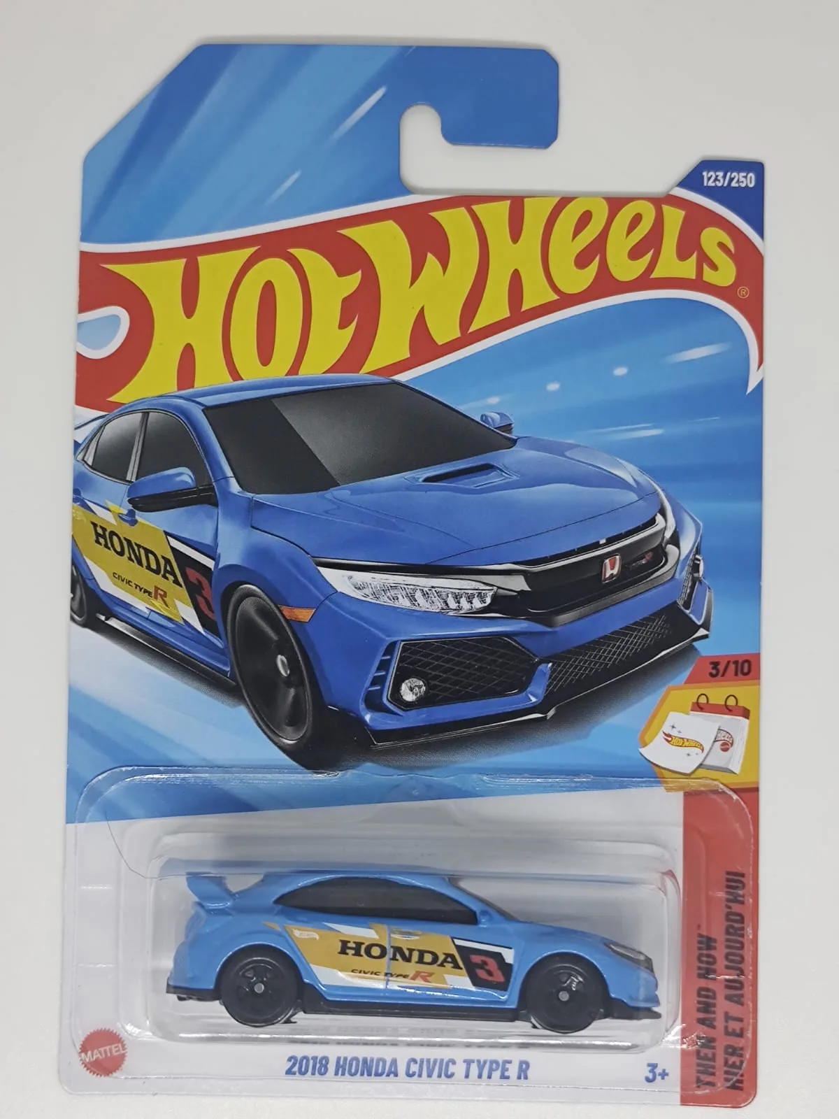 2018 Honda Civic Type R — azul con decoración Honda amarilla y número 3
