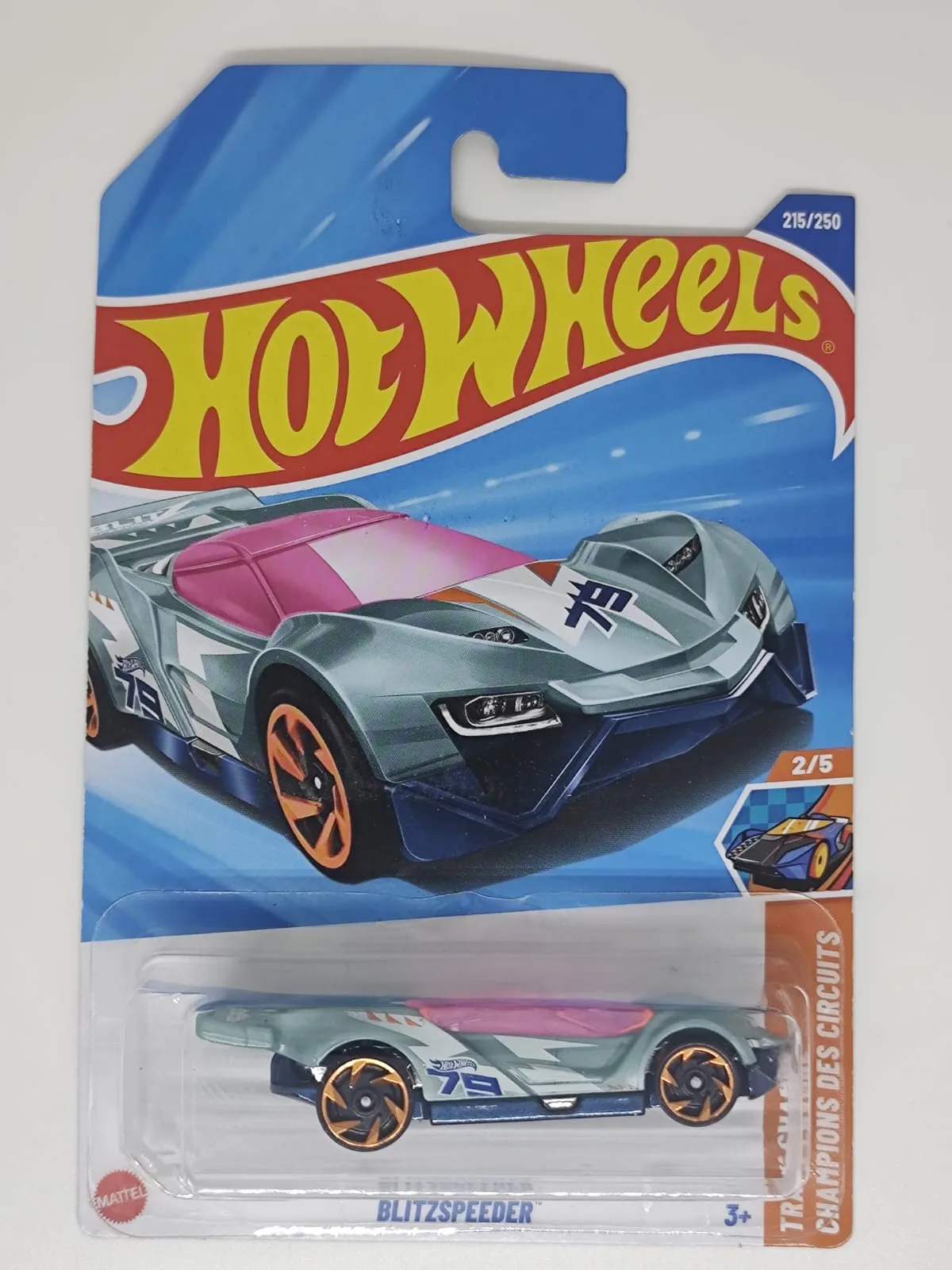 Blitzspeeder — plateado con detalles rosa, verde y azul, número 75 y ruedas naranjas